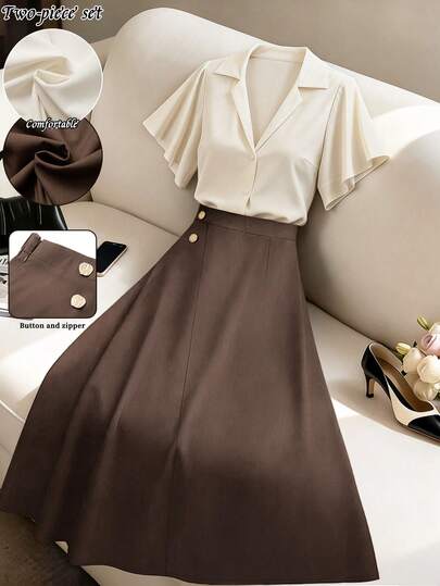 GlowEve CURVE Women's Plus Size Satin V-Neck Short Sleeve High Waist Faux Button Irregular Casual Elegant Daily Party Wedding 2-Piece Set, Autumn/Winter