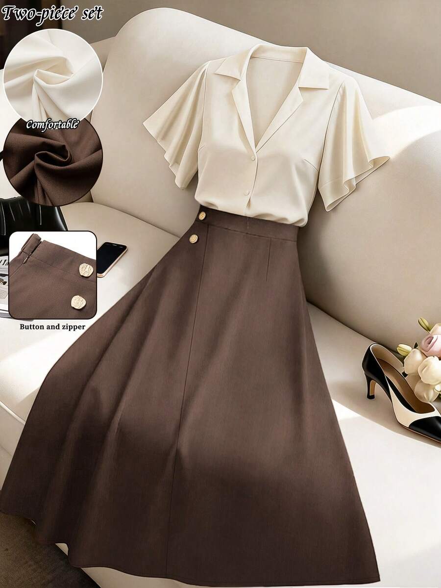 GlowEve CURVE 女士加大码缎面V领短袖高腰假纽扣不规则休闲优雅日常派对婚礼两件套，秋冬款 - 咖啡棕 - 查看 1