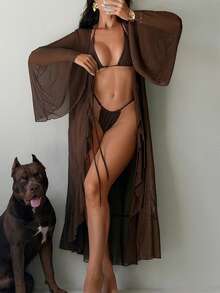 Swim SXY 女士沙滩度假荷叶边喇叭袖和服罩衫 - 棕色 - 查看 6