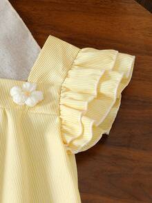 Elladie kids 女童蓝白条纹方领荷叶袖碎花宽松A字连衣裙，适合休闲、海滩、度假等场合，夏季穿着。 - 黃色 - 查看 4