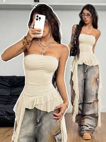 Coolane 女士春夏Y2K图案撞色蕾丝运动筒裙荷叶边迷你裙 - 杏色 - 查看 6