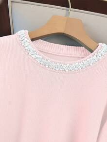 GlowEve CURVE Plus Size Elegant Pearl Embellished Crew Neck Long Sleeve Sweater - Pink - View 6