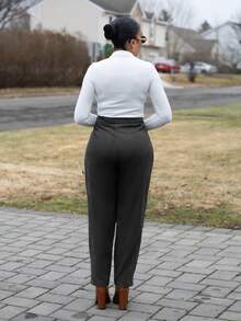 Melissa Matos Women's Casual High Waist Fold Pleated Skinny Pants - Army Green - View 2