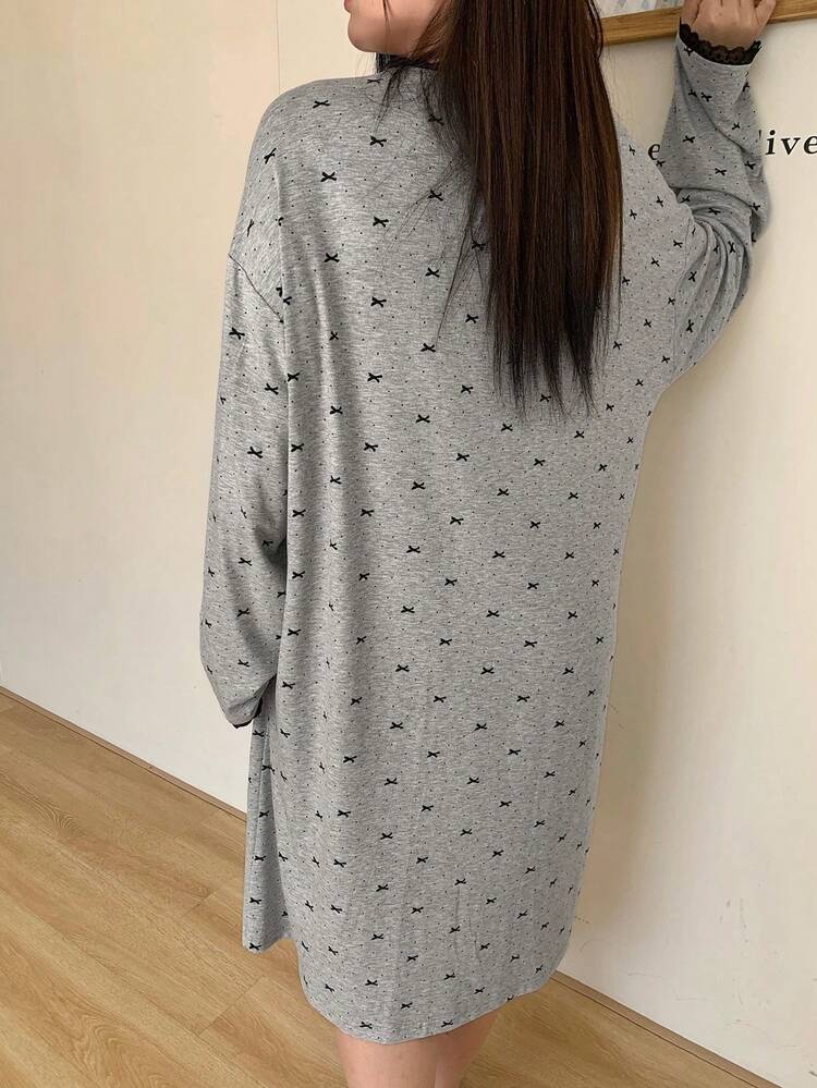 Dazy Plus Bow Print & Floral Contrast Lace Loose Long Sleeve Long Nightgown, Cute Spring/Summer Loungewear