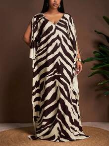 Veslaya 春夏新品，优雅度假、生日派对、宴会、返校、学院风、日常休闲、邮轮旅行、爆款、街头风、通勤、商务休闲、约会、聚会V领七分袖连衣裙，袖口开衩，大码合身，蝙蝠袖，黑米色斑马纹大码长裙，斑马纹套装，女士裹身连衣裙，卡夫坦长裙，斑马纹连衣裙，女士连衣裙 - 棕色 - 查看 9