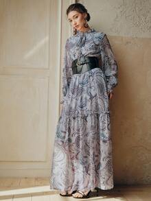 Anewsta 女士新款腰果花印花长袖优雅A字长裙，奢华精致，假日之选 - 藍色 - 查看 6