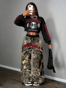 Slaydiva 女士秋装 / 女士冬装 / 千禧一代服饰 / 街头潮流 / 女士两件套 / 返校季 / 街头休闲 / 嘻哈风 / 黑色卡通人物 & 迷彩图案 - 彩色 - 查看 5