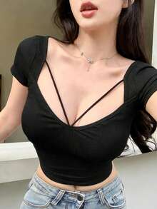 DAZY 女士极简纯色镂空修身短袖T恤，夏季露脐上衣 - 黑色 - 查看 4