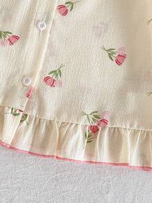 Conjunto de 2 piezas de ropa de estar en casa con cintura elástica y volantes con estampado floral para niñas - Albaricoque - Ver 5