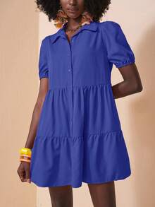 Slaydiva Vestido suelto con volantes, de manga abullonada y abertura frontal, para vacaciones - Azul - Ver 6