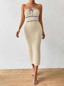 SHEIN PariChic 女士秋冬无肩带针织性感连衣裙，高品质度假风长裙 - 米色 - 查看 5