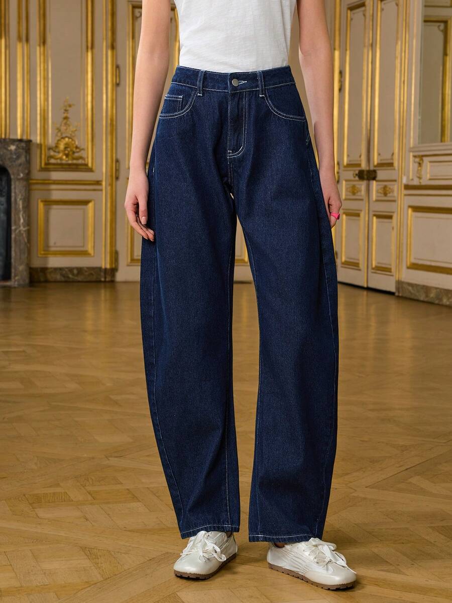 LOTSLUV 女士深色喇叭长款牛仔裤，时尚百搭 - 藍色 - 查看 1