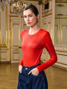 LOTSLUV Women's Red Ombre Heart Print Crew Neck Long Sleeve Bodysuit - Red - View 6