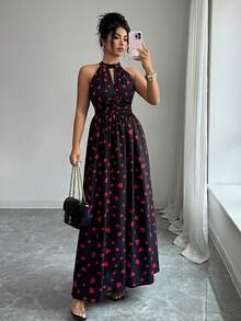 SHEIN Raffinéa Đầm chữ A nữ cổ yếm, khoét eo, xếp ly, in hình trái tim, thích hợp cho ngày Valentine, hẹn hò, mặc hàng ngày, mùa hè. - màu đen - Xem 3