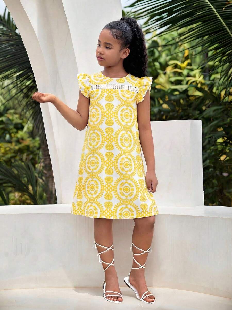 Tween Girls Simple Print Cap Sleeve Dress - Yellow - View 1