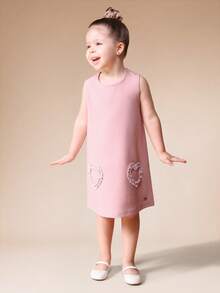 SUMWON Vestido corto casual de fiesta con cuello redondo y sin mangas, con bolsillos y aplicación de corazón, para niñas, para vacaciones - Rosa - Ver 3