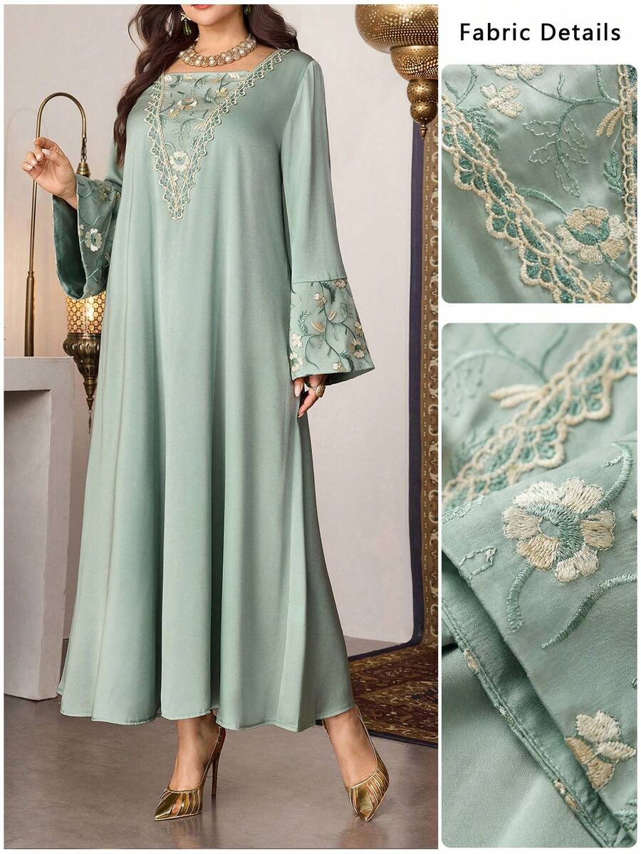 Al Najma Spring/Summer Elegant Square Collar Mesh Patchwork Embroidered Flare Sleeve Dress - Green - View 1
