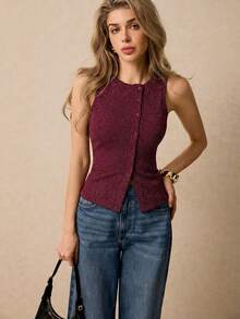 Poéselle Camiseta de tirantes con botones y lentejuelas en la parte delantera, de verano - Burdeos - Ver 5