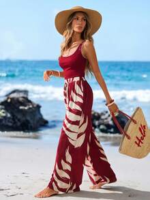 Sylviya 2pcs Women Casual Outfit, Leaf Print Top With Serrated Hem And Pants Set Summer Clothes Beach Outfits For Women Beach Set Vacation Outfits Women Two Piece Set Women - Multicolor - View 1