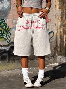 Muchica Women's Summer New Letter Print Low Waist Loose Bermuda Shorts - Grey - View 5