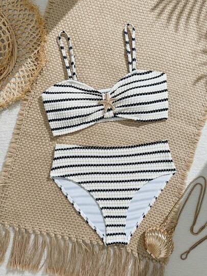 SHEIN 1pc Girls' Tri-Color Patchwork Elastic Quick-Dry Comfortable Knitted Special Fabric Starfish Decor Swimsuit Set, Suitable For Beach, Pool, Seaside, Surfing, Vacation, Summer, Travel, Holiday