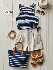 Franclia Women's Casual Striped Print Tank Top, Summer - Navy Blue - View 1