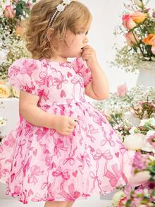优雅可爱的粉色蝴蝶结装饰短袖女婴连衣裙 - 粉色 - 查看 3