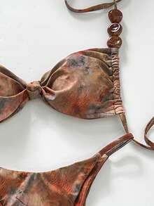 Bonvoyette Swim SXY 三件套不对称珍珠装饰抹胸比基尼上衣、下装和褶皱前裙，性感女士泳装套装，春夏款 - 彩色 - 查看 5