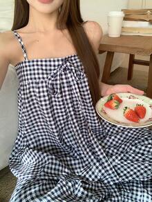 DAZY 格子蝴蝶结吊带背心上衣和宽松睡裤女士睡衣套装 - 藍色 - 查看 8