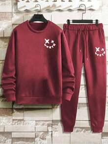 SHEIN Cottnline Men's Sweatshirt And Pants Two-Piece Set With Emoticon And Letter Print - Burgundy - View 2