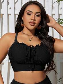 Swim Lushoire Plus Size Women's Solid Color Textured Frill Trim Tie Front Swimwear Top, Summer Beach - Black - View 7