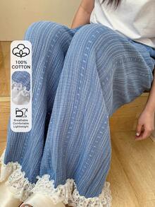 Dazy Plus Quần pajama ống dài suông rộng rãi, cạp chun, phối ren hoa, dễ thương. - Màu xanh lam - Xem 2