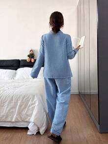 Dream Adore 泡泡纹理格子领开衫和裤子睡衣套装 - 彩色 - 查看 2