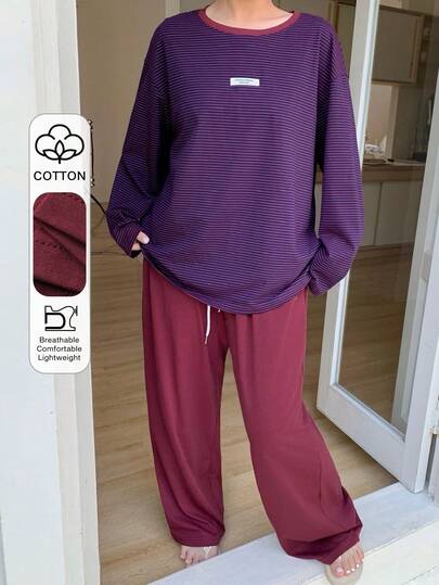 DAZY 大码条纹印花圆领长袖上衣和纯色长裤睡衣套装