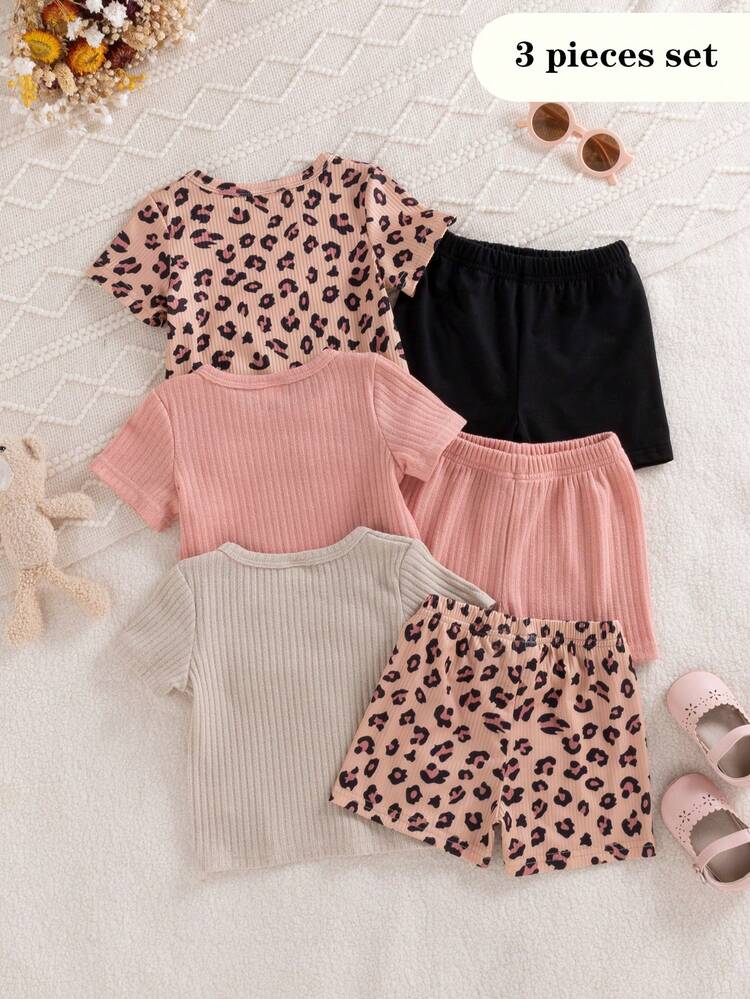 SHEIN 6件套女婴夏季休闲简约可爱甜美棕色豹纹短袖圆领T恤上衣，粉色和杏色短袖圆领T恤上衣搭配同色短裤，3套服装，适合上学和日常穿着 - 彩色 - 查看 2