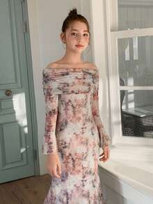 DAZY Tween Girl Open Shoulder Floral Print Elegant Sweet Party Cocktail Dress With Sheer Flare Sleeves Spring - Multicolor - View 5