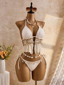 Swim Mod Women's Textured Shell Knot Halter Tankini Swimsuit, Suitable For Beach Vacation, Spring/Summer - Beige - View 3