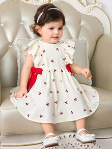 SHEIN Baby Girl Elegant Round Neck Ruffle Hem Cherry Pattern Contrast Color Bow Decor Dress, Baby Girl - Multicolor - View 3