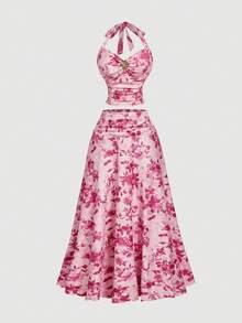 SHEIN MOD 女士浪漫粉色碎花吊带上衣和半身裙两件套，适合夏季、度假、海滩、浪漫、花园、下午茶、复古、乡村风格、茶会、节日、沙滩套装、夏季度假装、女士碎花半身裙、婚礼宾客礼服。 - 粉色 - 查看 2