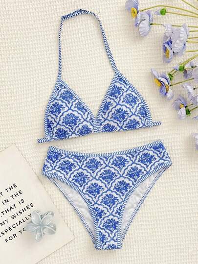 SHEIN Tween Girls Retro Botanical Floral Golden Pendant Blue & White Random Floral Spaghetti Strap Bikini Set Apricot Knitted Texture Shell Deco Halter Neck Stitch Halter Triangle Bikini Set, Summer Beach Outfit Whip Halter Neck Bikini Set, Summer Beach Bathing Suit