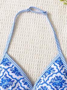 SHEIN Tween Girls Retro Botanical Floral Spaghetti Strap Bikini Set,White,Summer,Boho,Pool Party,Vacation,Holiday Blue & White Triangle Bathing Suit Outfit - Blue and White - View 4