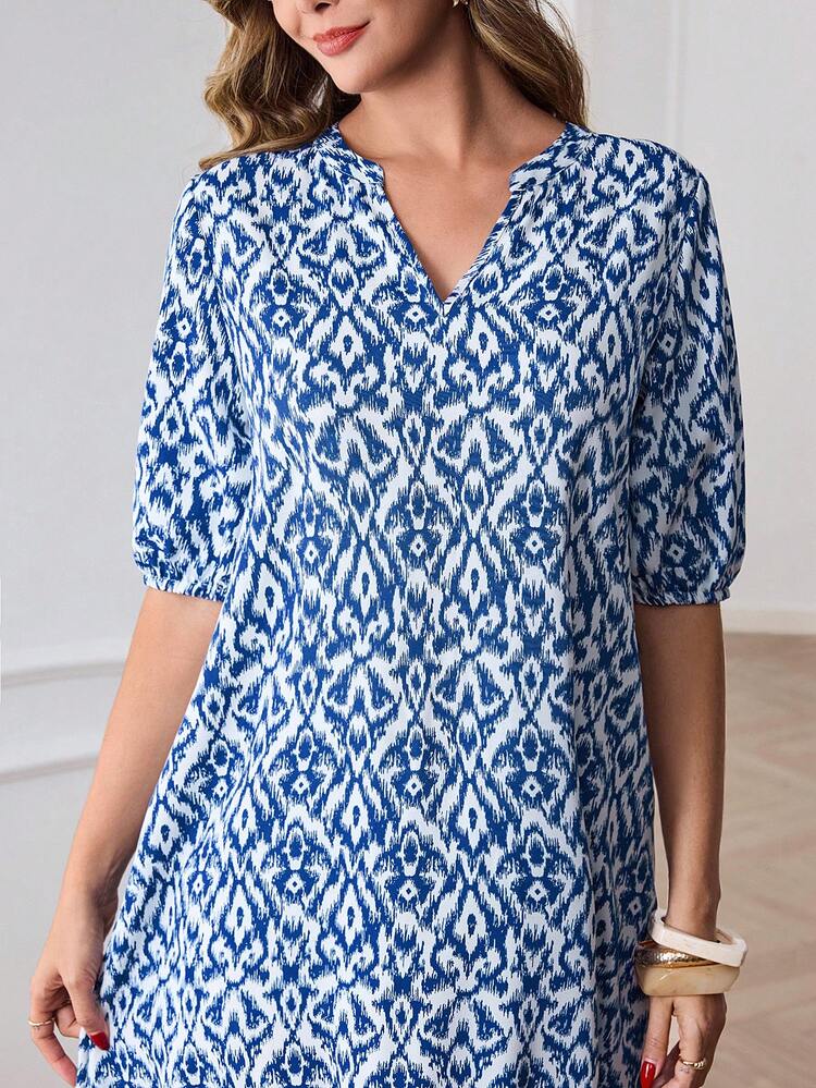 Light Blue  V Neck Puff Sleeve Loose Fit Midi Dress Elegant Casual Summer Beach Vacation Outfit Blue Dress Casual Dresses For Women Elegant Dresses For Women Summer Dresses For Women Beach Dresses For Women Vacation Dresses For Women Summer Outfits For Women,Summer Holiday Outfits,Summer Outfits For Women