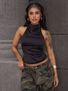 Rayane Ketlyn 女士新款高领露背缎面吊带背心，适合派对穿着 - 黑色 - 查看 5