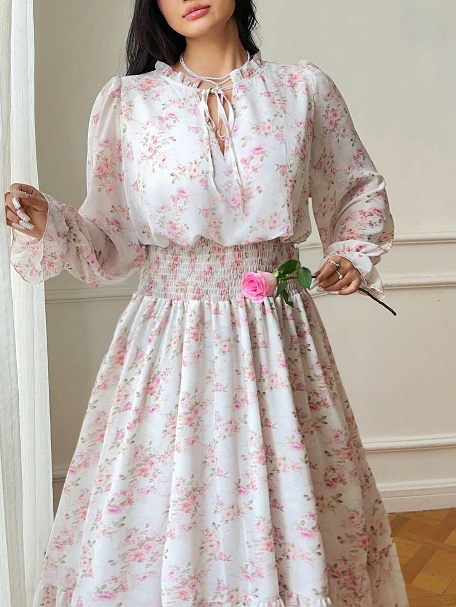 Đầm maxi cỡ lớn, cổ tròn, cổ đứng, cổ chữ V nhỏ, viền bèo nhún, nơ thắt cổ, kiểu dáng thanh lịch retro dễ thương, chất liệu chiffon in hoa, thích hợp cho kỳ nghỉ. - Nhiều màu - Xem 1