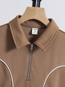 SHEIN Tween Boy Loose Coffee Brown Knitted Polo Shirt And Shorts 2 Pieces Set,Summer Casual Vacation Turn Down Collar Short Sleeve Solid Outfit For Kids - Brown - View 4