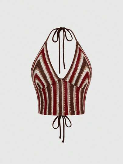 ROMWE Vintage Hippie Vacation Striped Halter Neck Bodycon Knit Top
