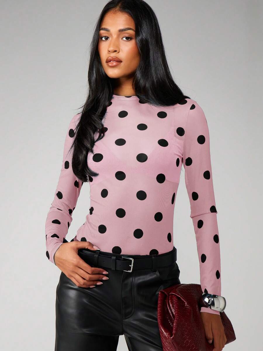 MISSGUIDED Polka Dot Mock Neck Long Sleeve Fitted Top With Allover Black Dots Ribbed Texture Mesh Knit Pullover Sweater Fall Winter Layer - Pink - View 1