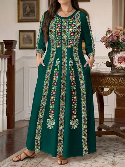 EMERY ROSE 大码女式复古印花圆领长袖带口袋休闲连衣裙，秋季