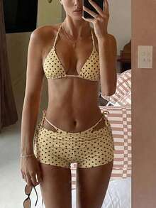 Bonvoyette 夏季新款海滩度假派对下午茶波点印花微三角侧系带褶皱三件套女士泳衣套装 - 彩色 - 查看 1