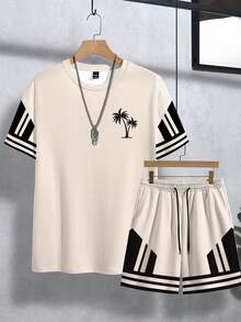 Manfinity RSRT 1. Bộ áo thun ngắn tay và quần short nam in hình cây dừa, bộ áo thun và quần short kẻ sọc phối màu phong cách thường ngày, thích hợp cho kỳ nghỉ. - Nhiều màu - Xem 3
